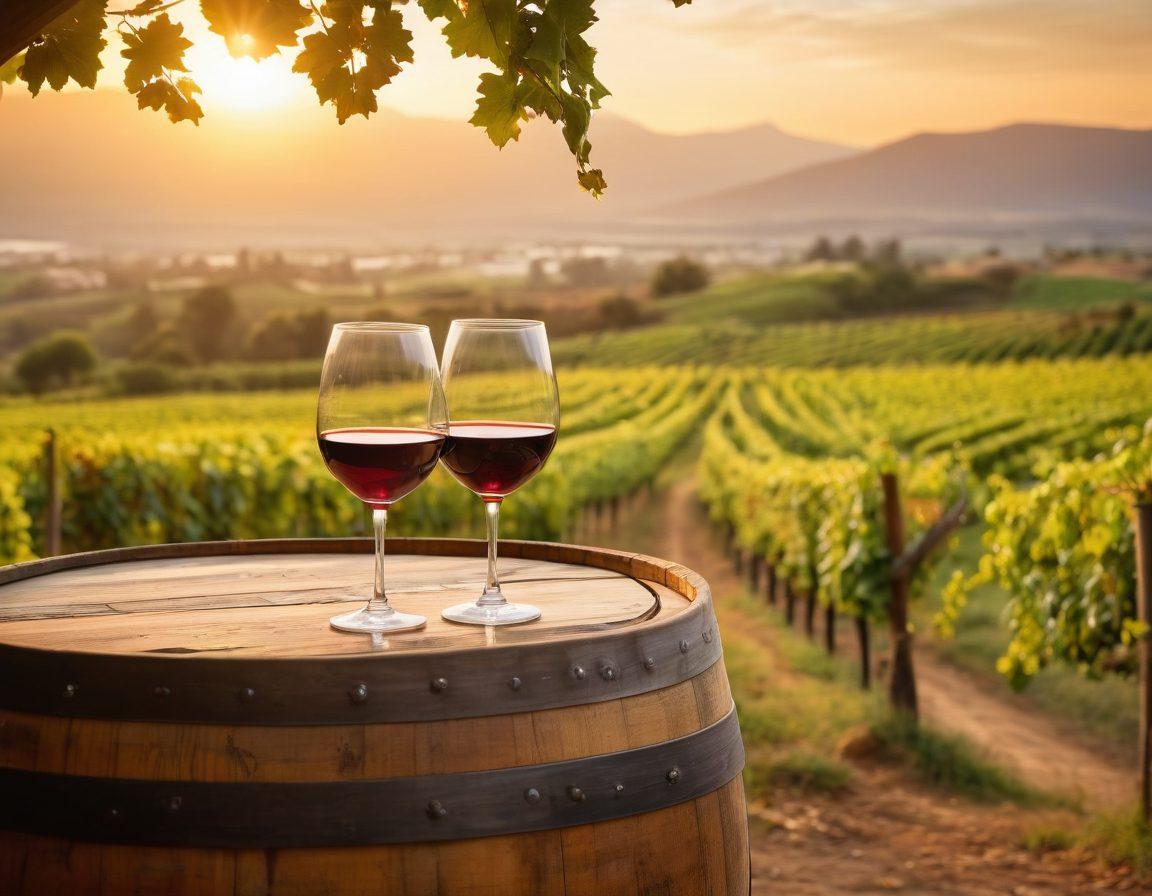 A serene vineyard landscape at sunset, with rows of grapevines stretching into the horizon, a rustic wooden wine barrel in the foreground, and a glass of red wine reflecting the golden hues of the sky. A couple joyfully clinking glasses, surrounded by lush greenery and distant hills, evokes a sense of adventure and enjoyment. soft focus, warm colors, romantic atmosphere, painting.