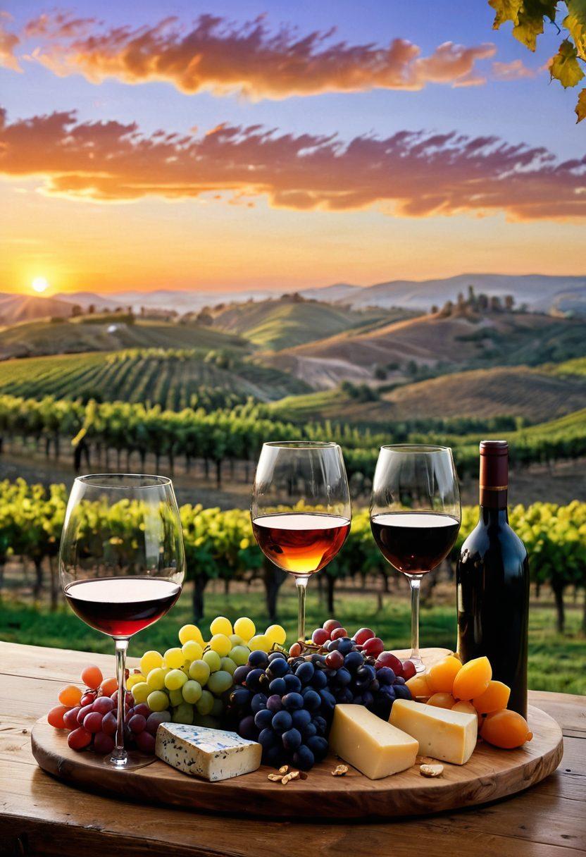 A serene vineyard scene during sunset, showcasing a rustic wooden table artfully set with elegant wine glasses filled with rich, colorful wines. Soft, golden light illuminating lush grapevines in the background with rolling hills. A gourmet cheese platter elegantly arranged beside the glasses, evoking a sense of indulgence and sophistication. The sky painted in warm hues of orange and purple, enhancing the tranquil atmosphere. vibrant colors. super-realistic.