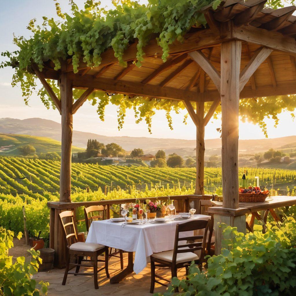A sun-drenched vineyard with vibrant green grapevines stretching across rolling hills, dotted with joyful visitors toasting with glasses of wine. A cheerful picnic setup under a rustic wooden gazebo filled with delicious food and blooming flowers, capturing laughter and connection amidst the stunning scenery. A soft golden sunset casts a warm glow over the scene, evoking a sense of joy and adventure. painterly style. vibrant colors. soft focus.